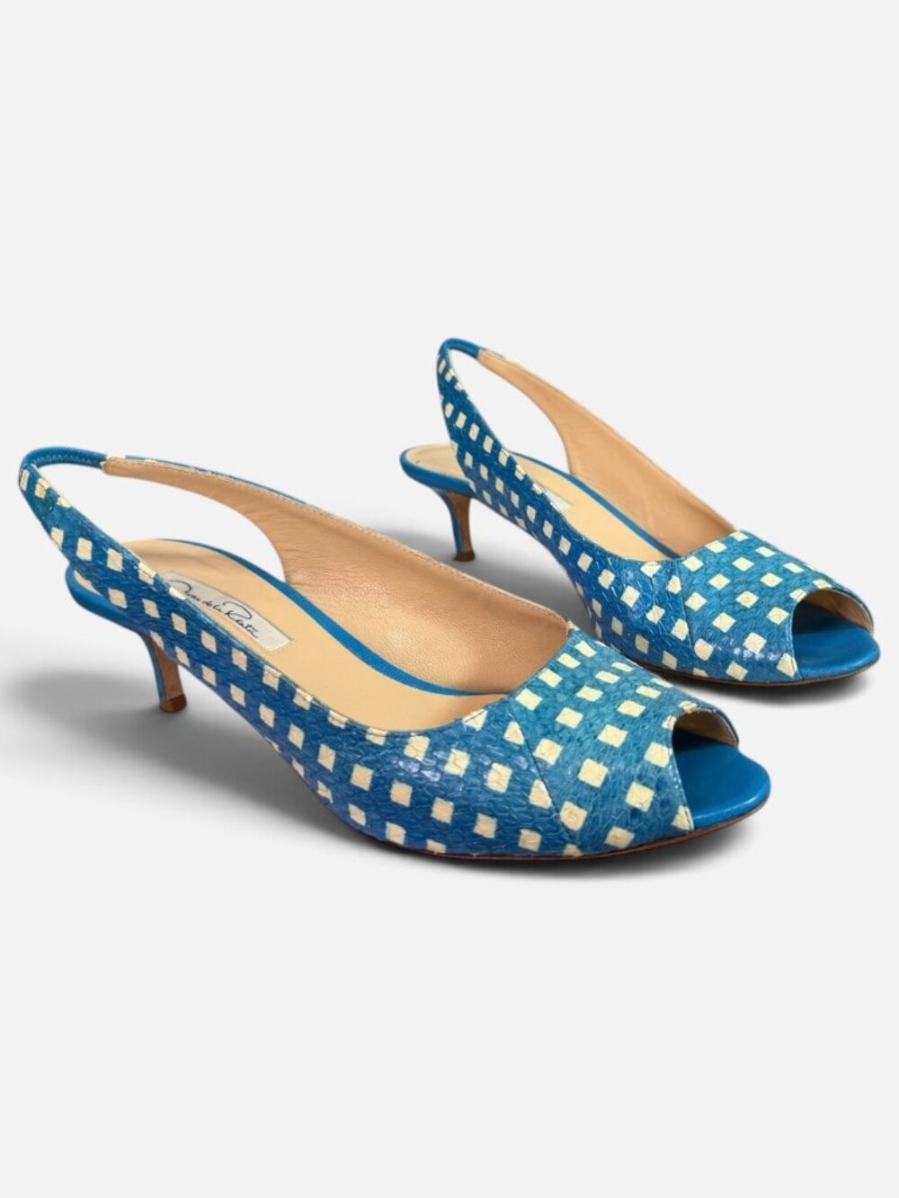 Oscar de la Renta Peep-Toe Slingback Kitten Heels Blue & White Checked Sz EU 39